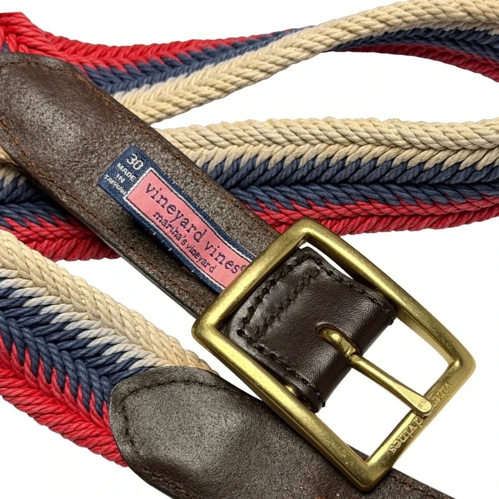 Vineyard Vines Mens Braided Woven Belt Sz‎ 30 USA Red White Blue w/ Leather Trim